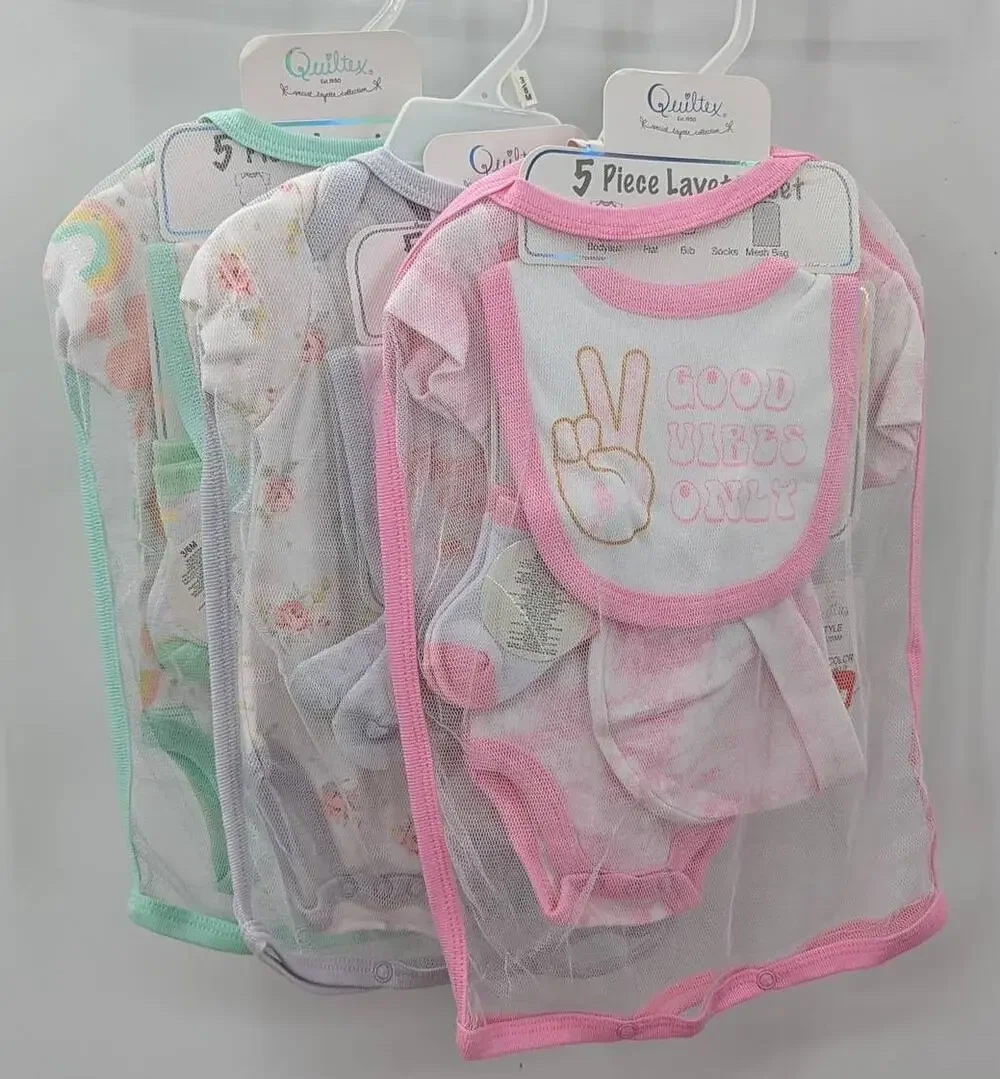 Quiltex Lot 3 (1Piece Sets) 5 Pcs each set Green White 3-6 month Girl Bib Hat